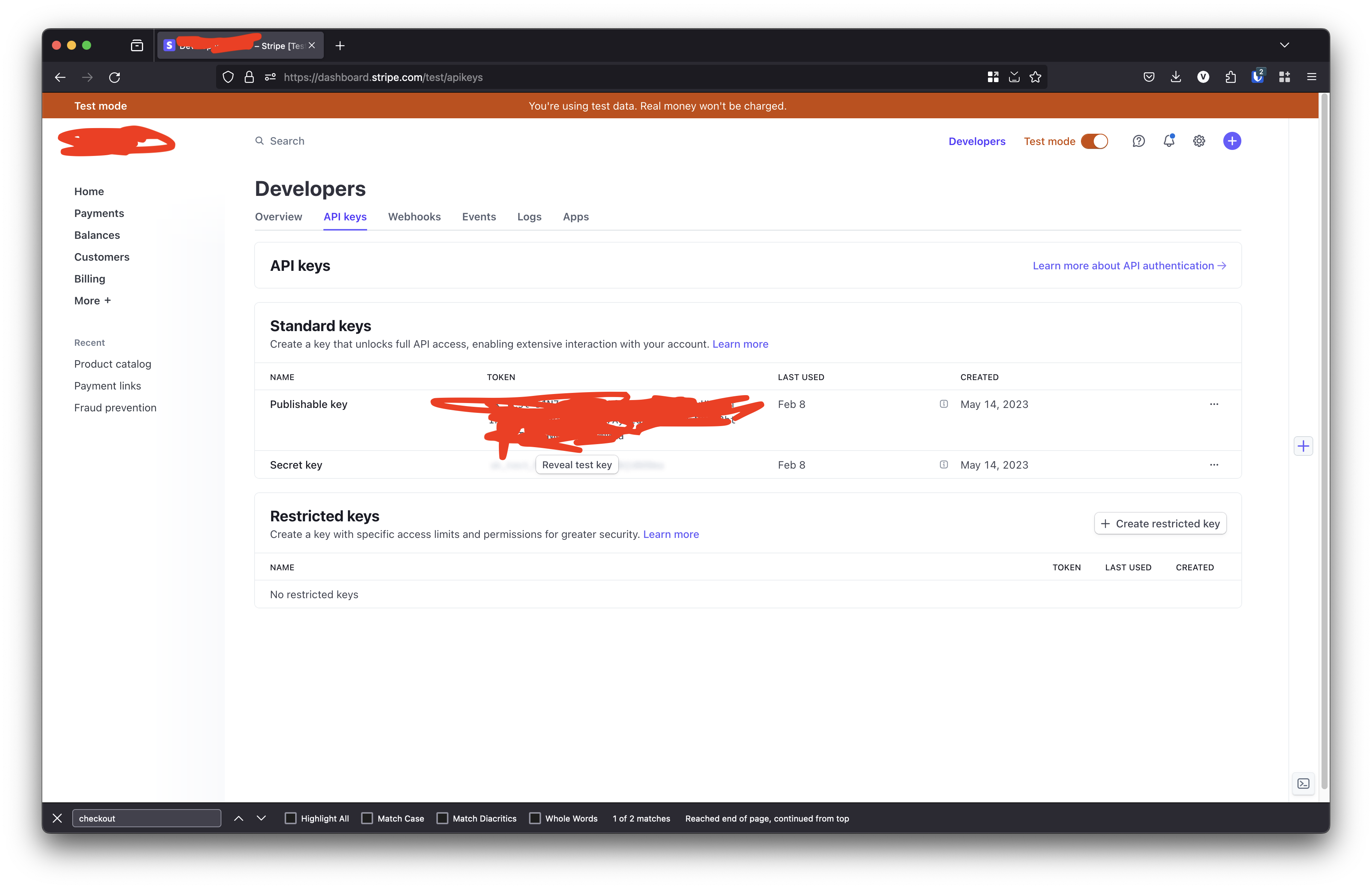 Stripe API Key Screenshot