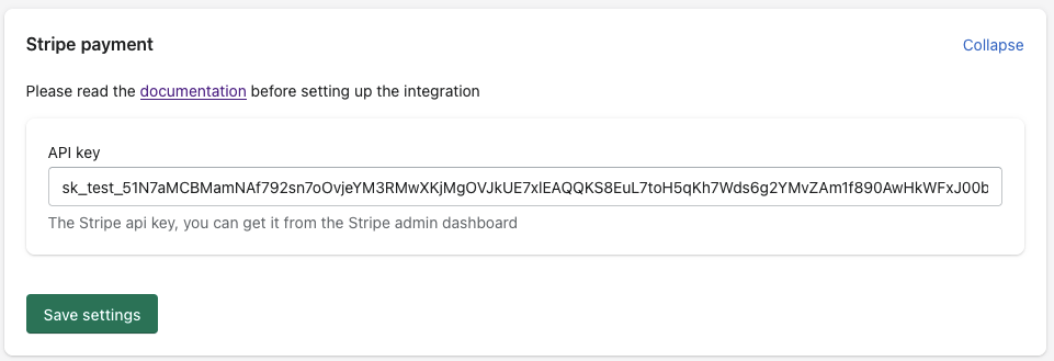 Stripe Integration Settings Screenshot